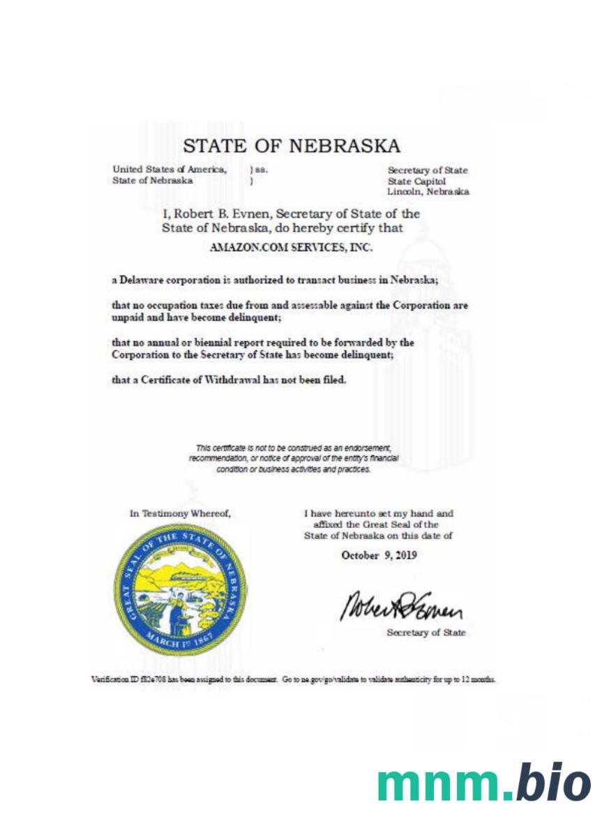 Certyfikat dobrej kondykacji USA Nebraska